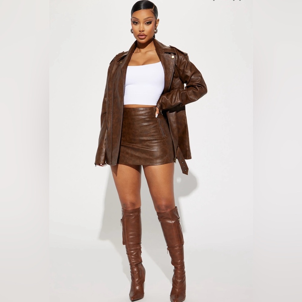Fashion Nova Crossin' Paths Faux Leather Skirt Set - Brown